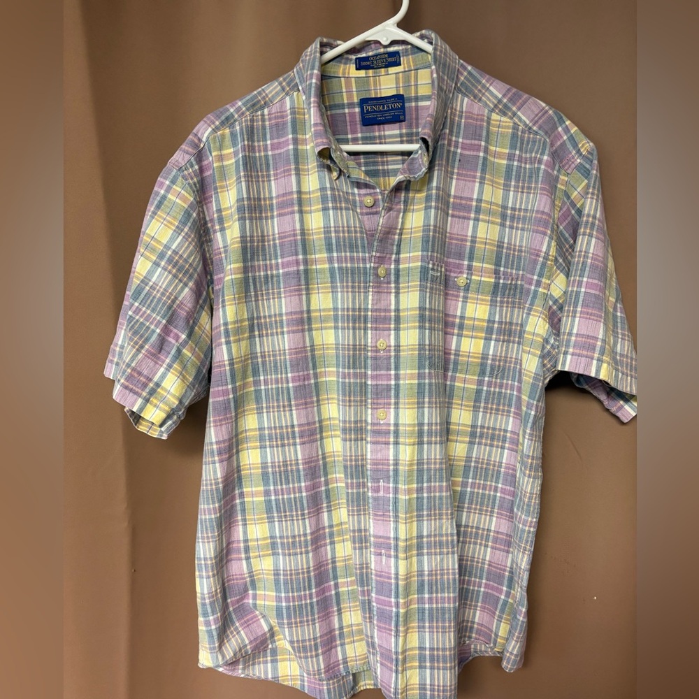 Pendleton Mens XL Short Sleeve Plaid Button Down Shirt Purple Yellow Cotton
